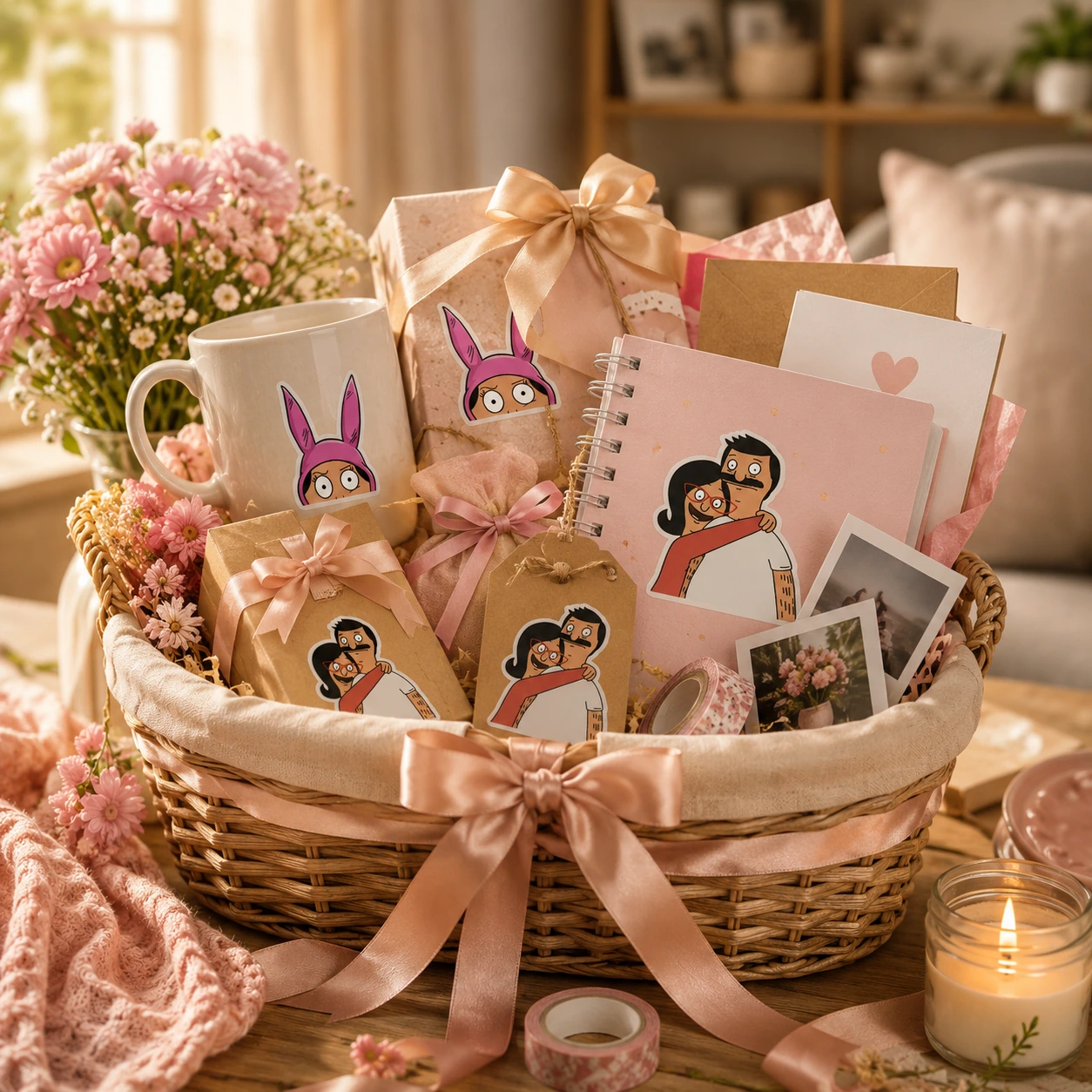 Cozy gift basket with pastel touches